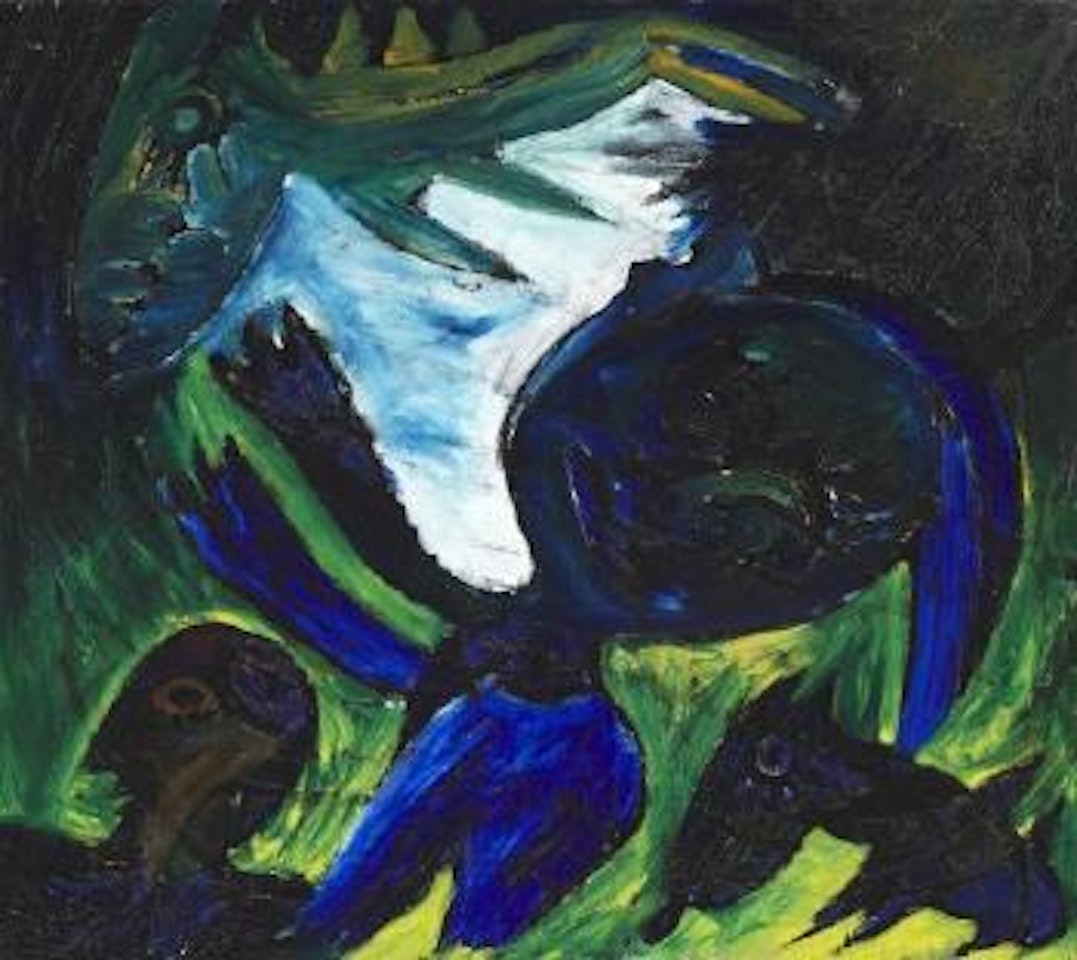 Blå figur i rum med dyr (Blue Figure in Space with Animals) ,
1943 by Carl-Henning Pedersen