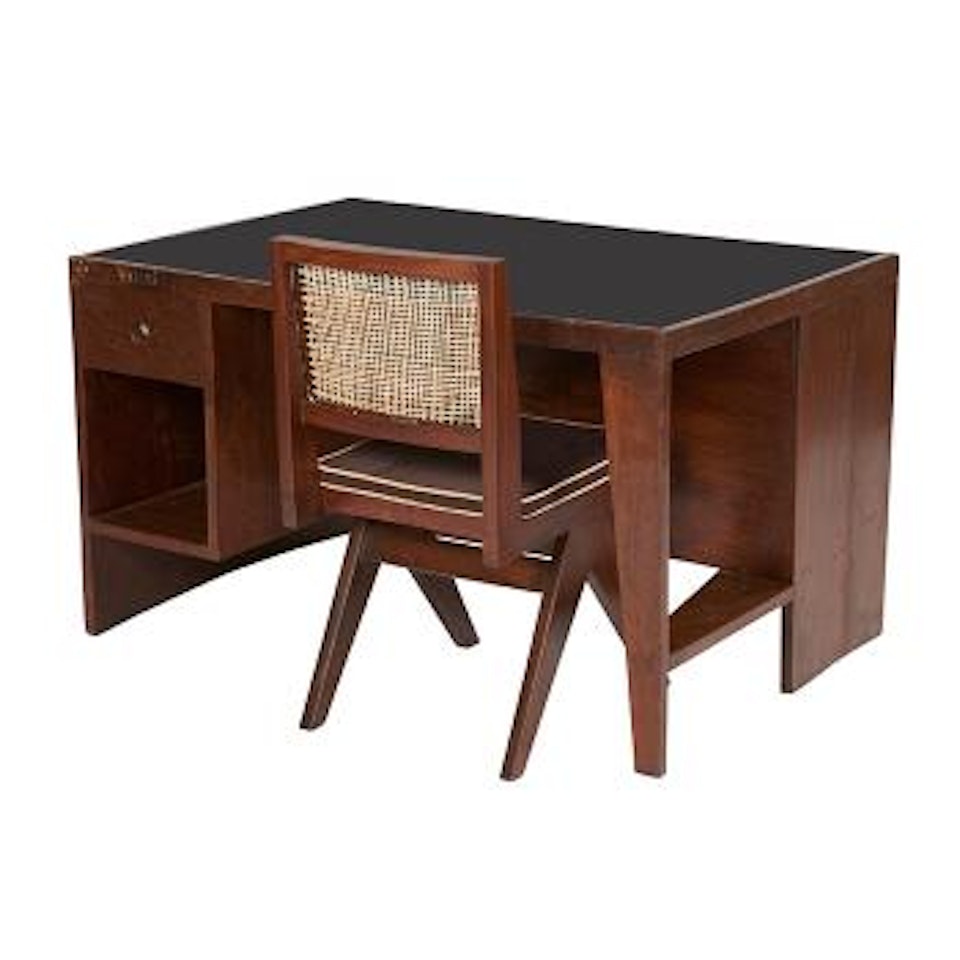 Office table desk-bookcase, item PJ-BU-02-A. Chair V, model PJ-SI-25-A ,
Circa
1954
-
1958 by Pierre Jeanneret