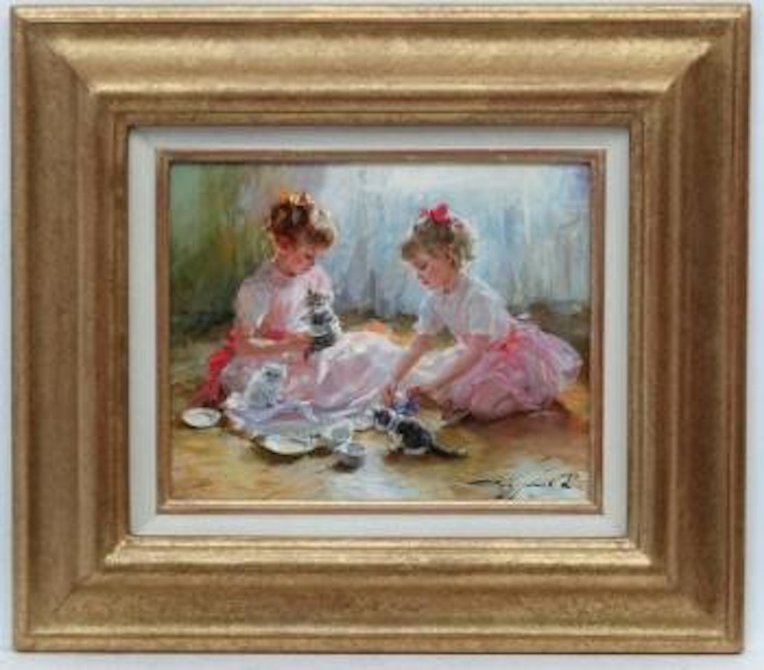 Little girls with kittens , by Constantin Razoumov