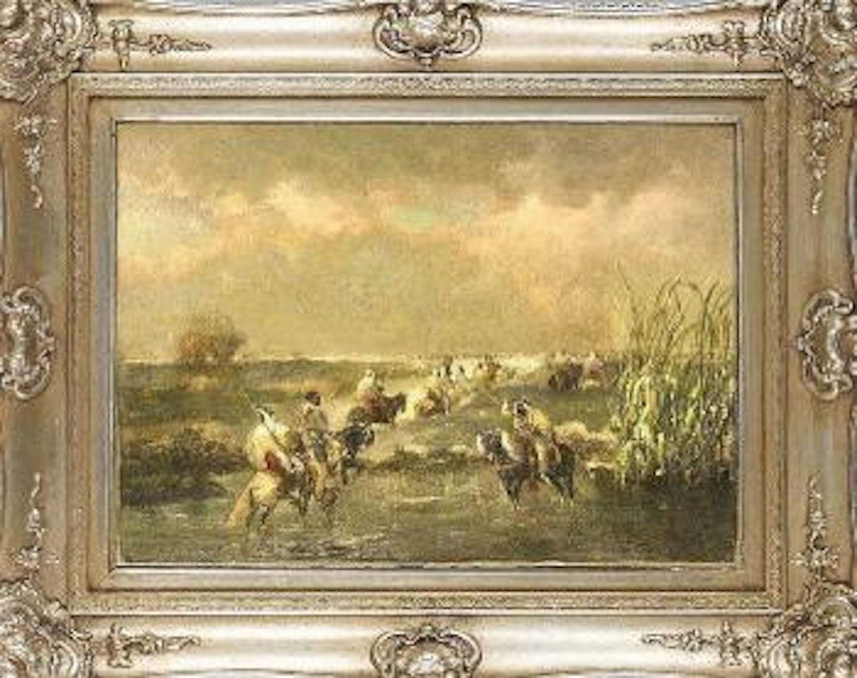 Eine Gruppe Araber reitet durch eine Furt , by Adolf Schreyer