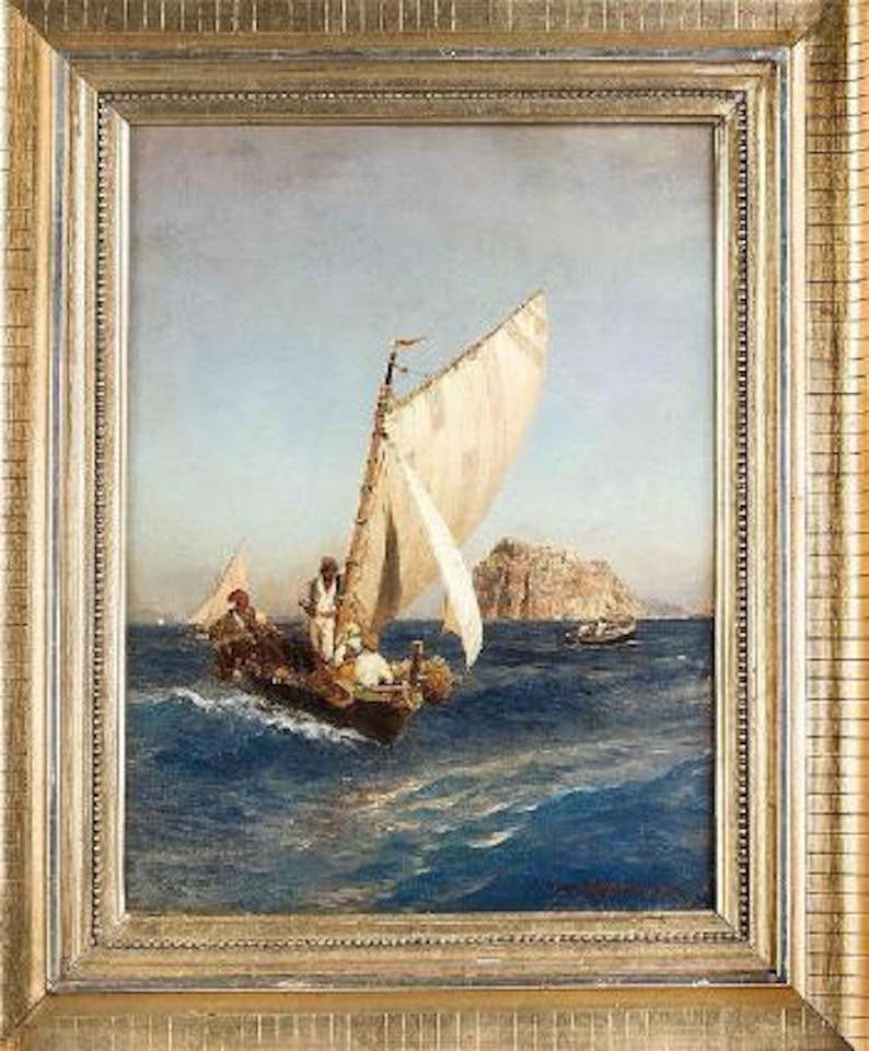 Italienische Fischer vor der Küste, Blick auf kleine Fischerboote vor einer Insel , by Oswald Achenbach