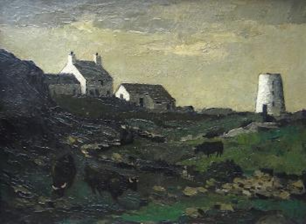 Whitewashed Anglesey farm and disused windmill with horned black cattle , by Kyffin Williams