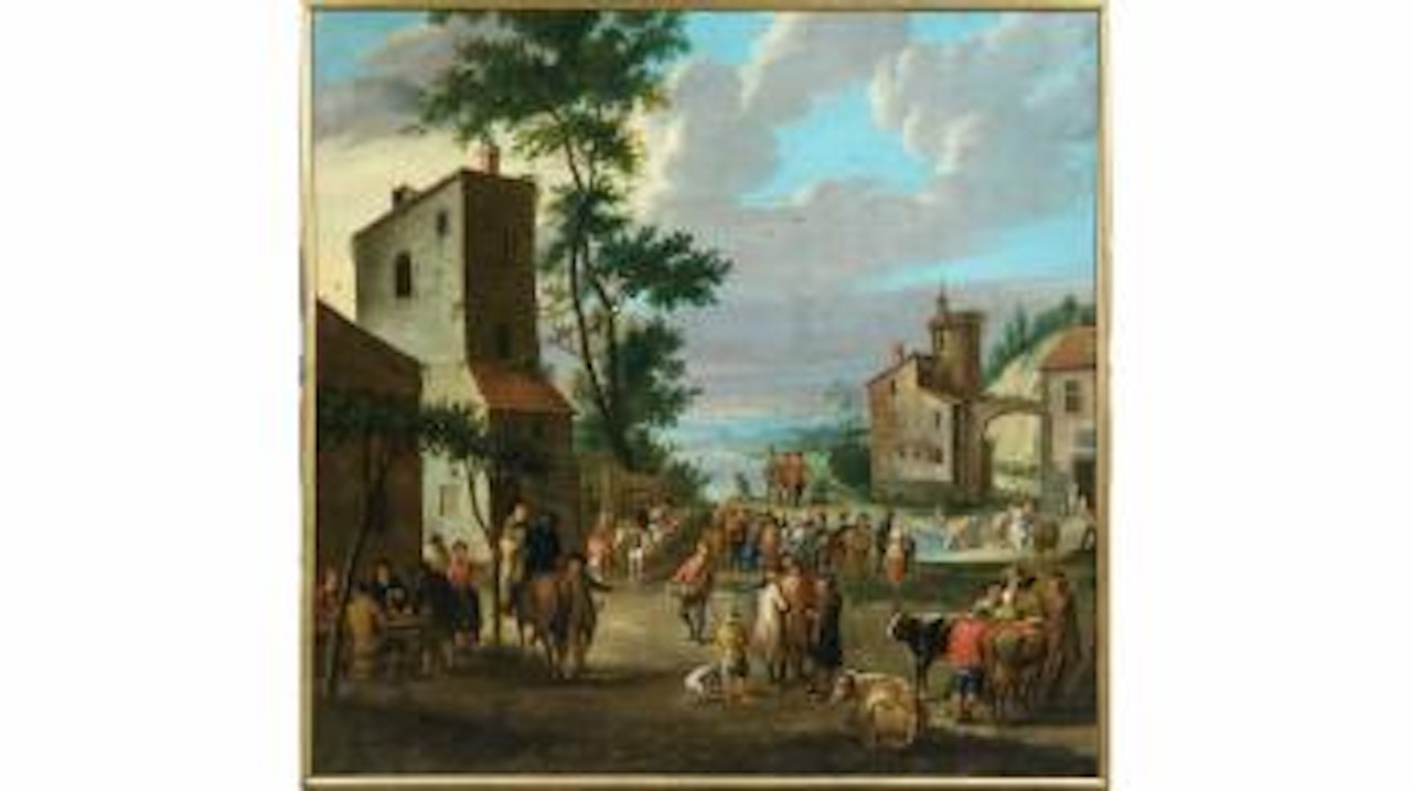 Jour de marché avec scènes de taverne et comédiens , by Dutch School