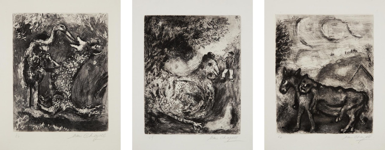 The Wolf and the Stork, plate 34; The Hen that Laid Golden Eggs, plate 59; and The Ass in the Lion’s Skin, plate 64, from Fables de la Fontaine by Marc Chagall