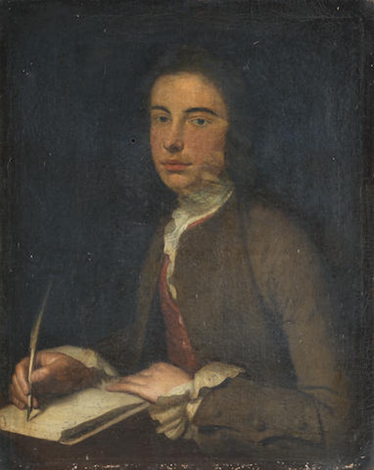 Portrait of a young man, half-length, in a green coat, seated writing by English School