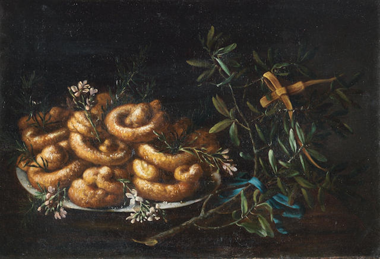 A still life with an olive branch and sweetmeats: An Allegory of Easter by Neapolitan School