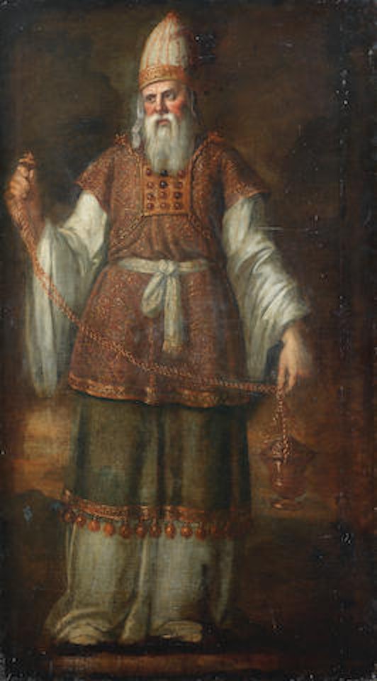 Portrait of a priest, full-length, in Ceremonial dress, holding a censer by Spanish School