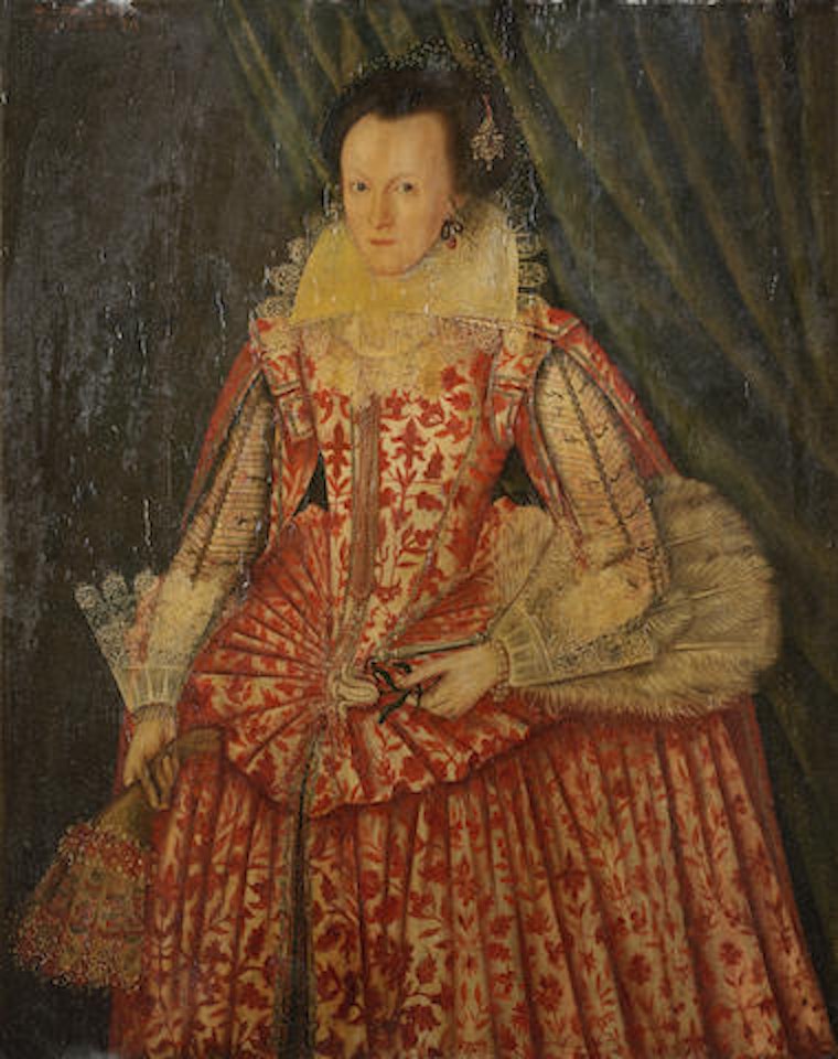 Portrait of a lady, three-quarter-length, in a red and white dress, holding gloves and a fan by English School