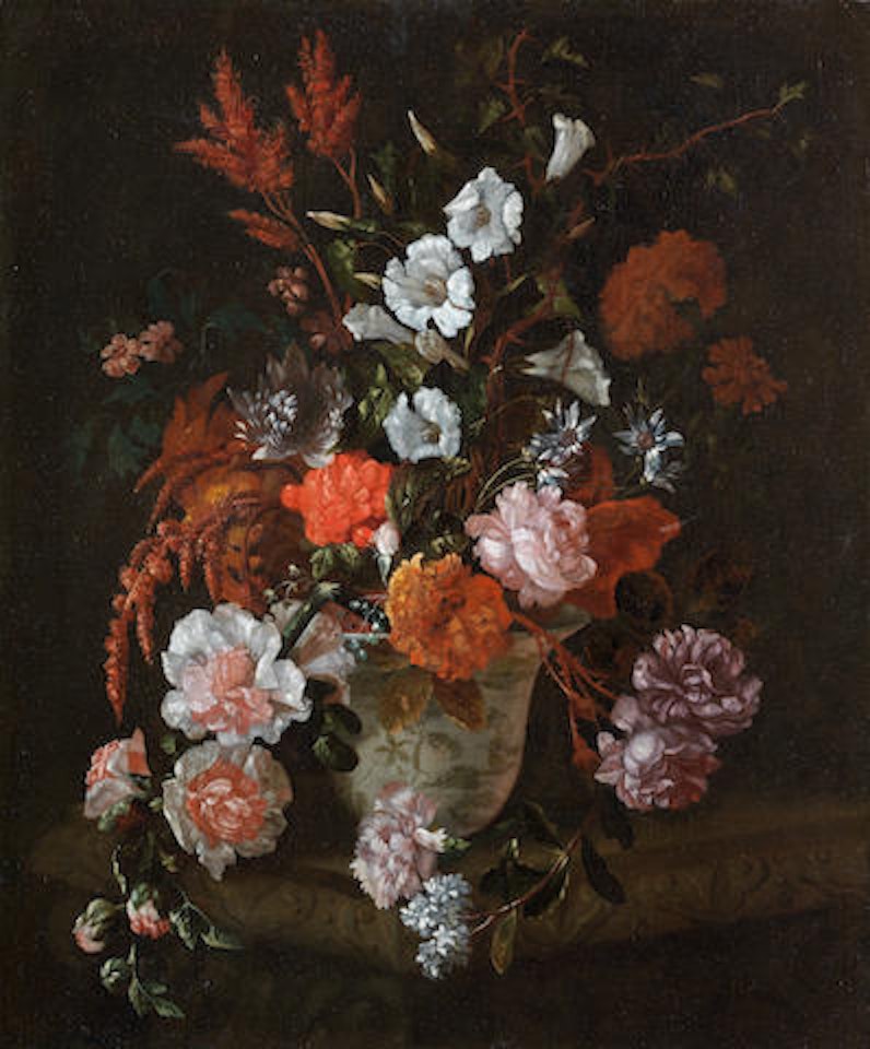 Roses, carnations, convolvulus and other flowers in a vase on a stone ledge by Jean Baptiste Monnoyer