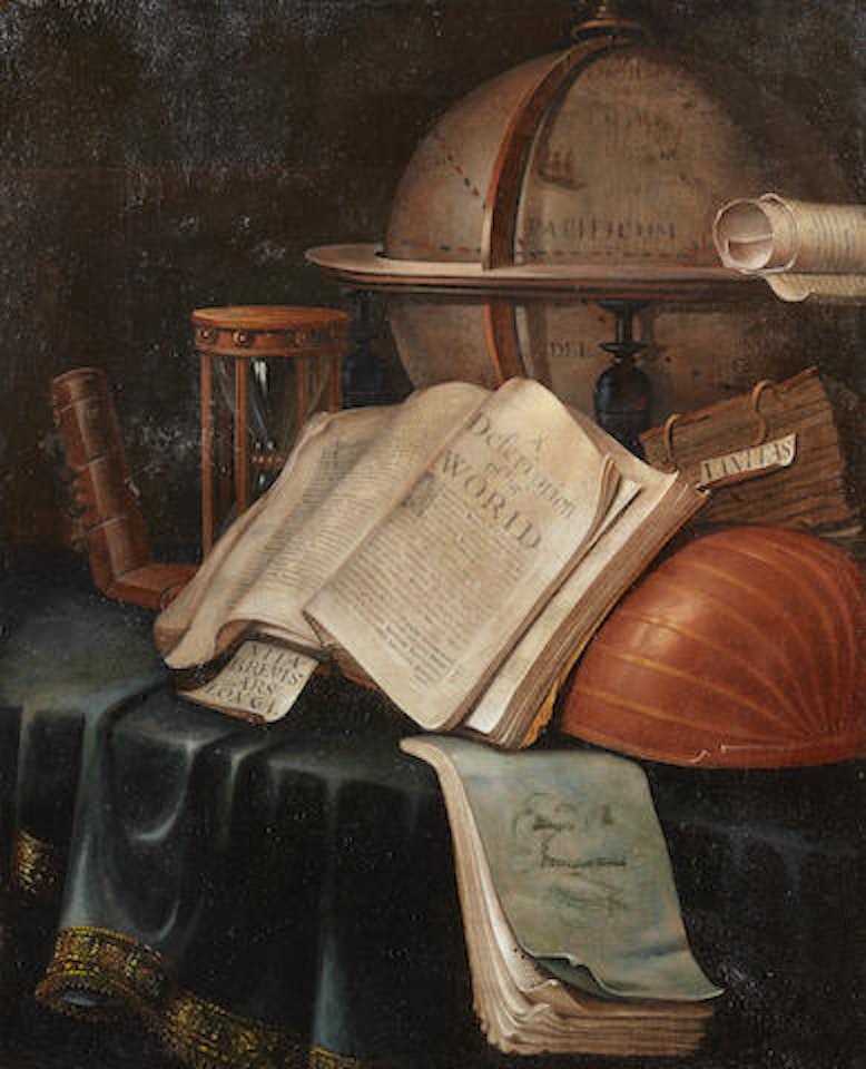 A vanitas still life with a globe, books, an hour-glass and a musical instrument on a draped table-top by Edward Collier