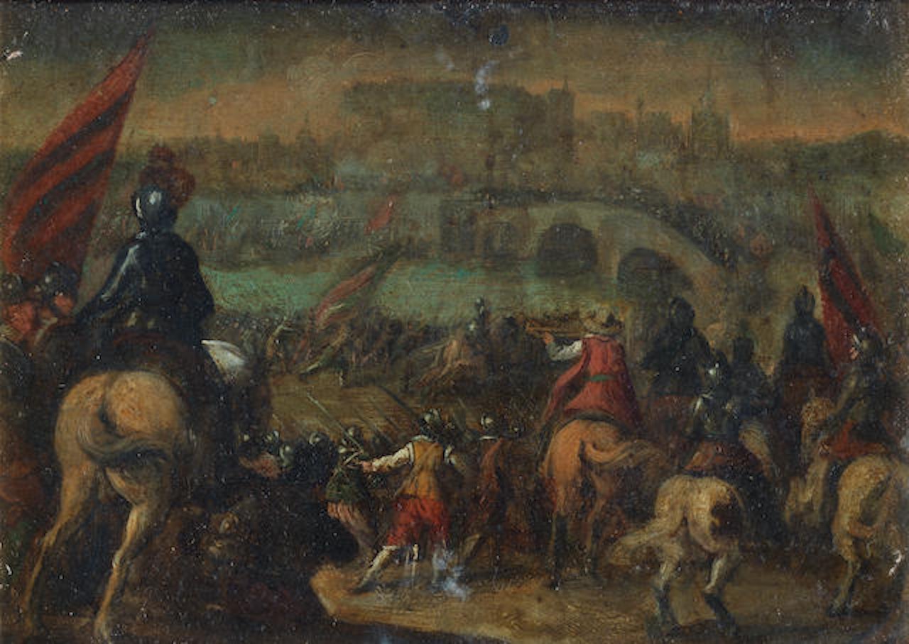 A cavalry skirmish by Flemish School