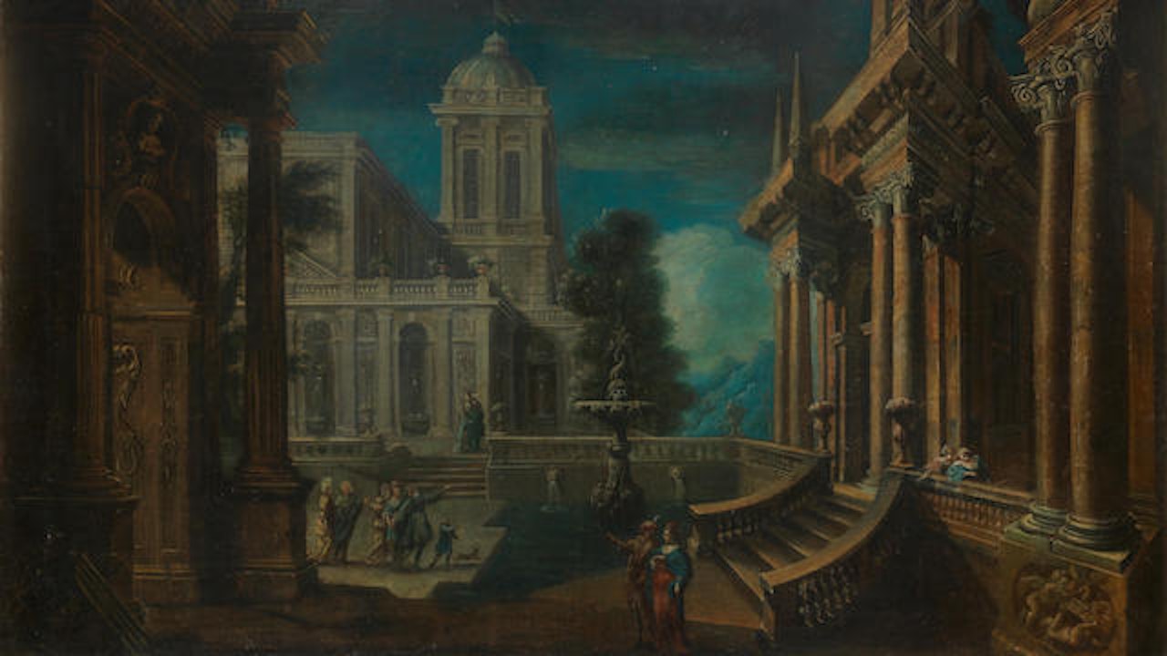 An architectural capriccio with elegant figures in a courtyard by BOLOGNESE SCHOOL