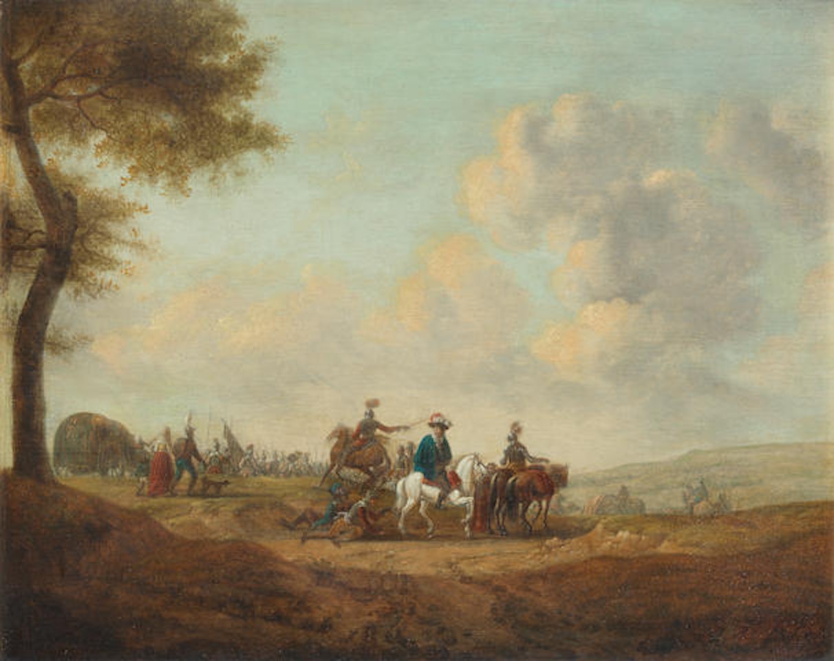 Soldiers before an encampment; and Soldiers preparing for battle by Dutch School