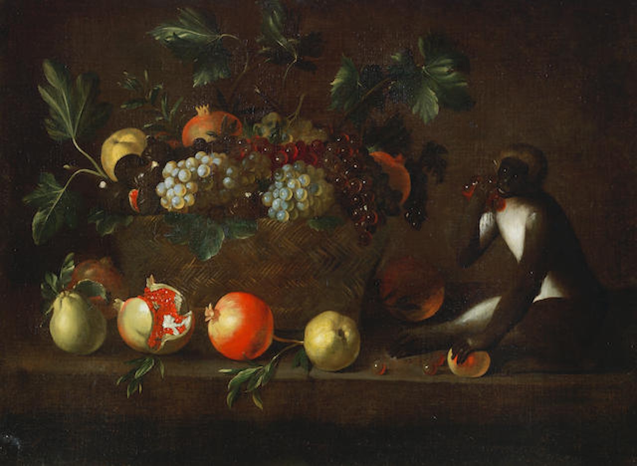 Grapes and pomegranates in a basket with other fruit and a monkey on a table-top by Roman School