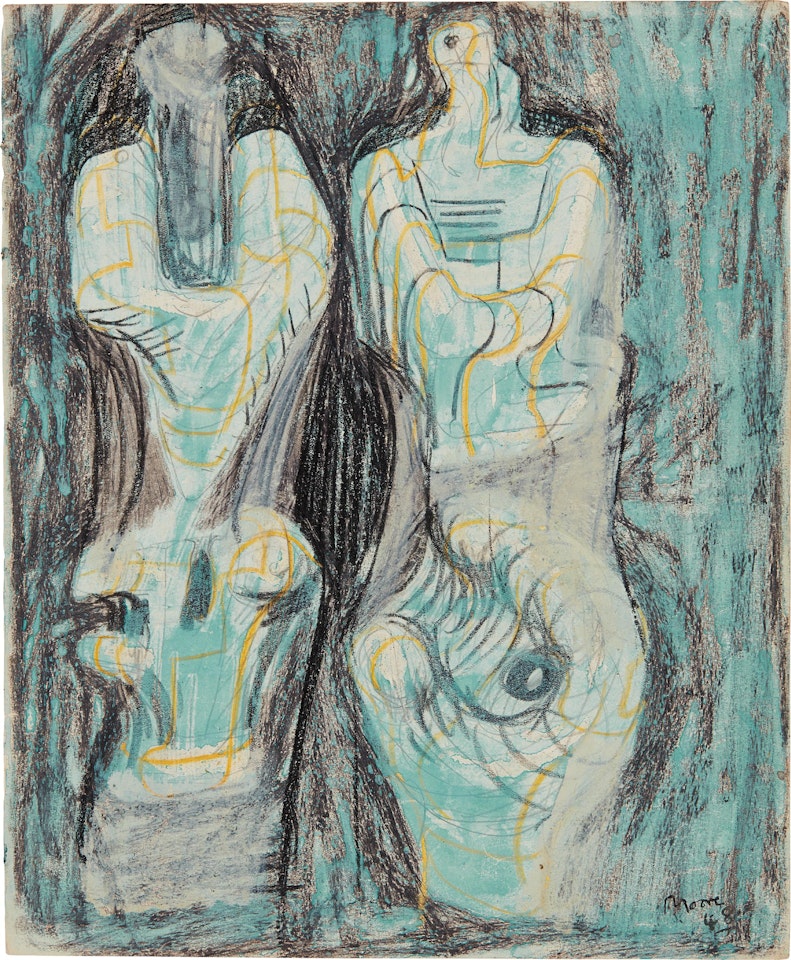 Page from Sketchbook: Two Sculptural Figures on Green Background by Henry Moore