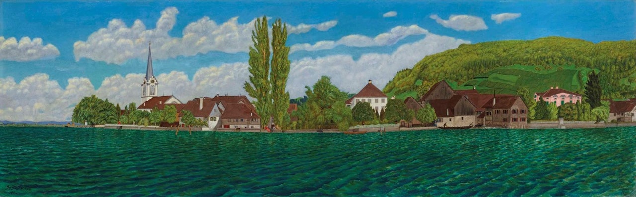 Berlingen mit Pappeln vom See aus by Adolf Dietrich