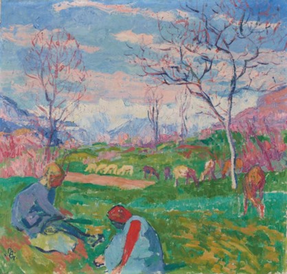 Wiesen bei Stampa mit Kindern und mit weidendem Vieh by Giovanni Giacometti