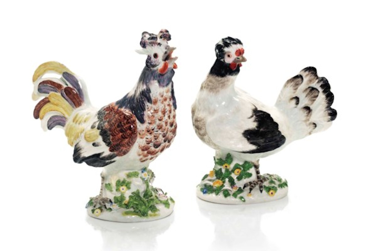MODELS OF A COCKEREL AND HEN by Johann Joachim Kändler