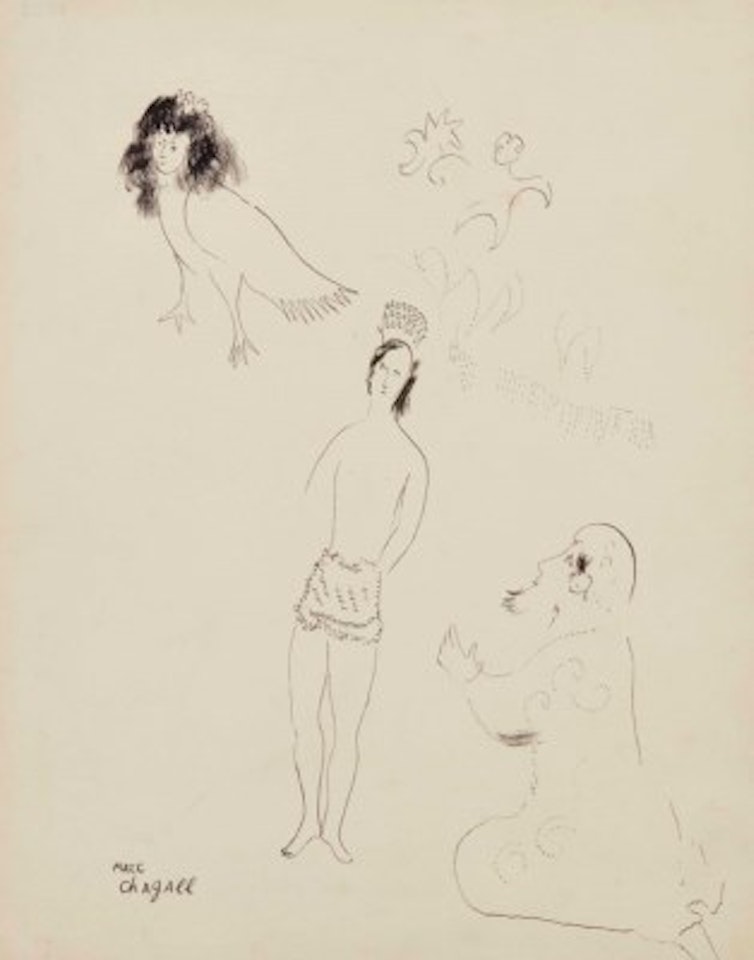 Encre pour «Then he spent the night with her embracing and clipping...»  imprimé sur la première page du troisième cahier de l'album Les Mille et une nuits by Marc Chagall