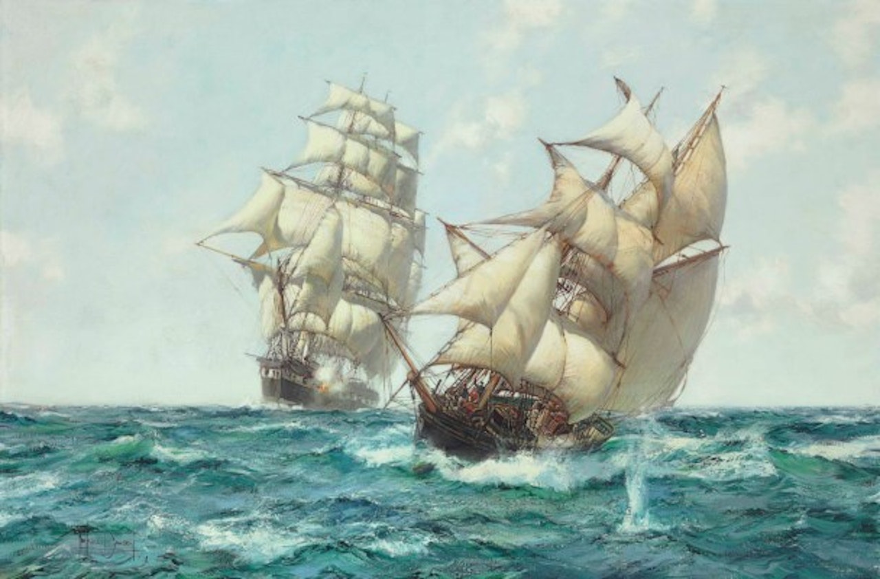 Heave To - A Baltimore Clipper in Action with a Coasting Slaver by Montague Dawson