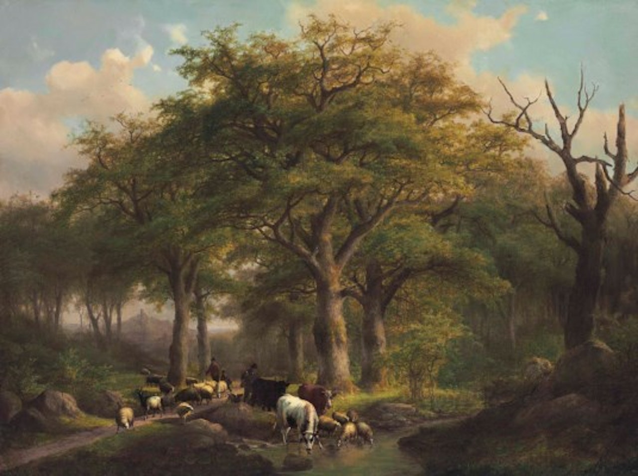 Forest Landscape with Herdsmen, Sheep and Cattle by Eugène Joseph Verboeckhoven