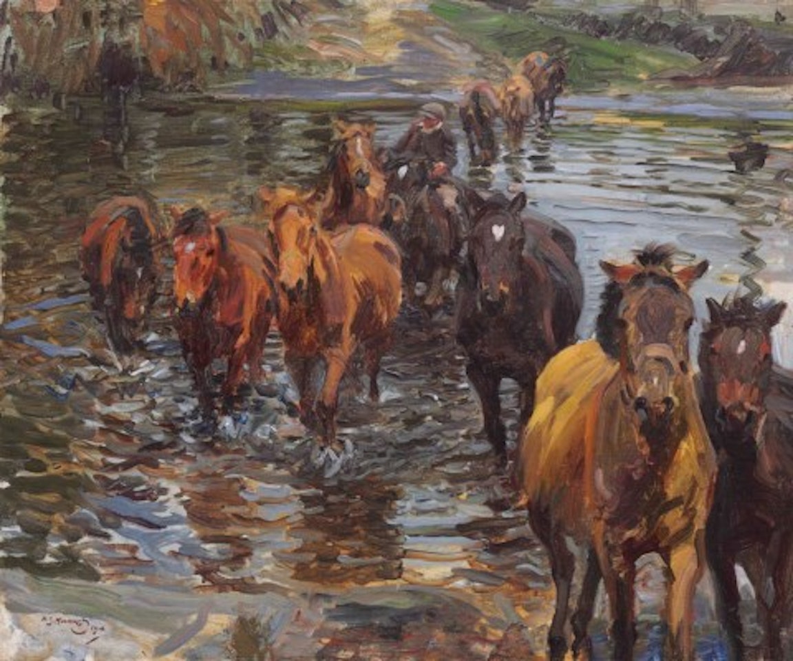 Shrimp and Ponies at the Ford by Alfred James Munnings