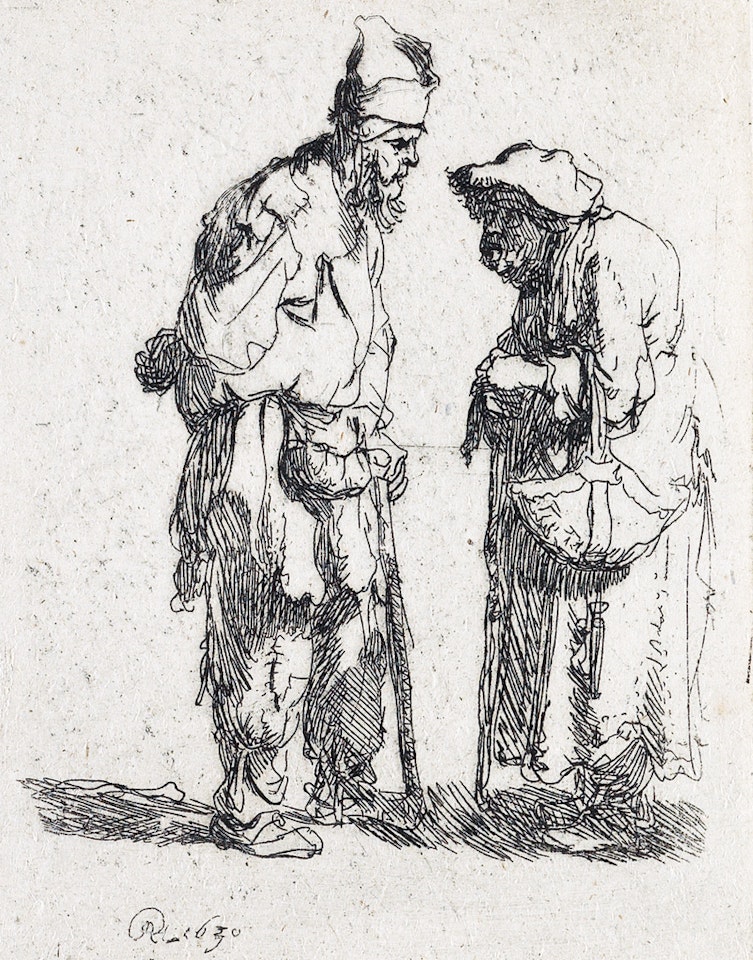 Beggar Man And A Beggar Woman Conversing by Attributed to Rembrandt Harmensz van Rijn