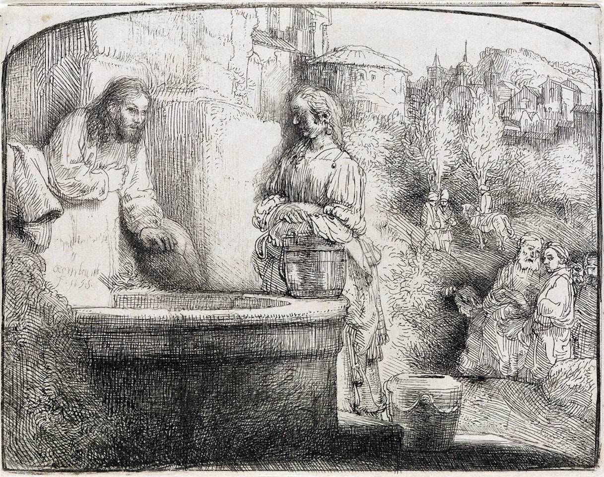 Christ And The Woman Of Samaria: An Arched Print by Attributed to Rembrandt Harmensz van Rijn