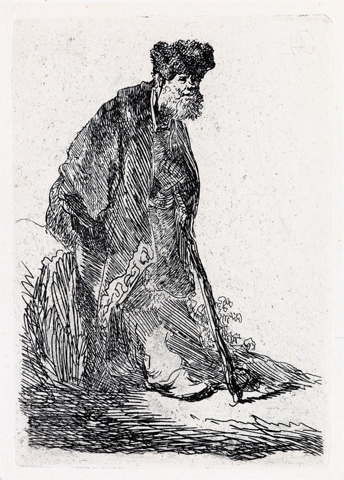 Man In Coat And Fur Cap Leaning Against A Bank by Attributed to Rembrandt Harmensz van Rijn