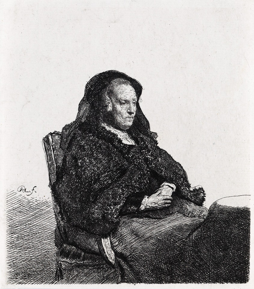 The Artist's Mother Seated At A Table Looking Right by Attributed to Rembrandt Harmensz van Rijn