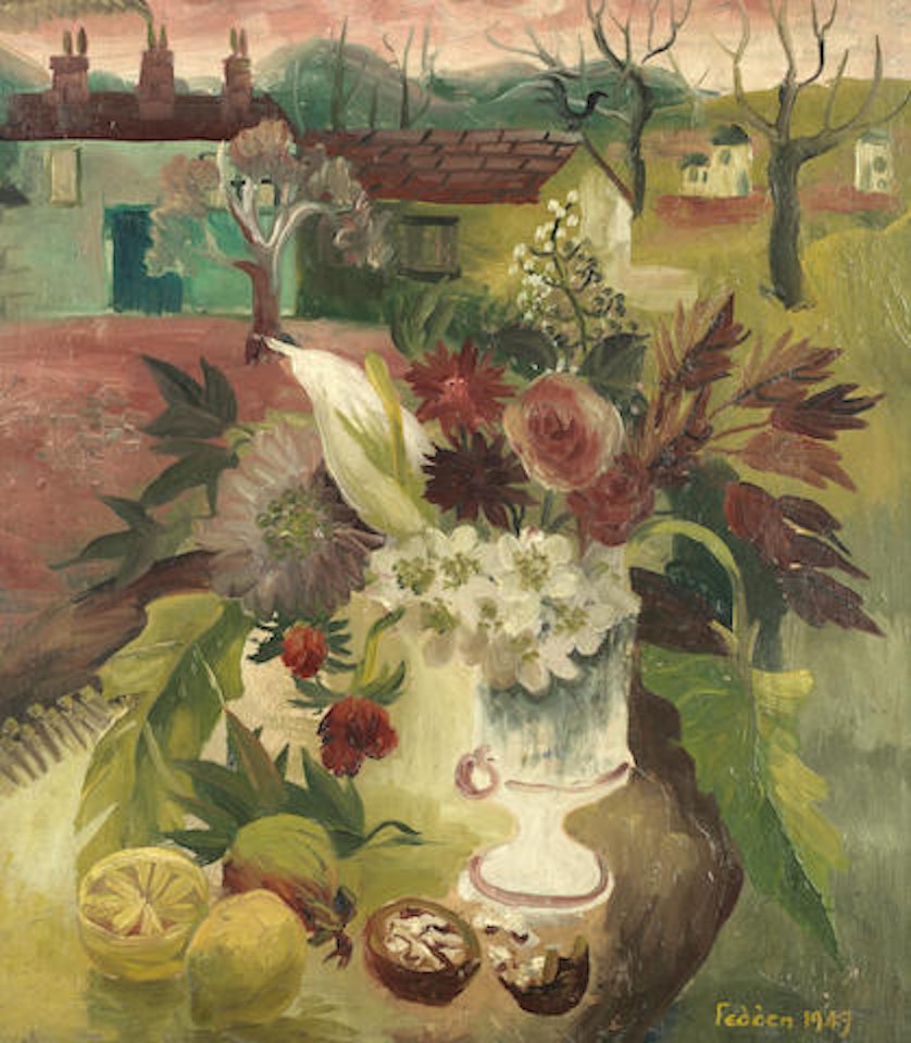 Flowers in a landscape' by Mary Fedden