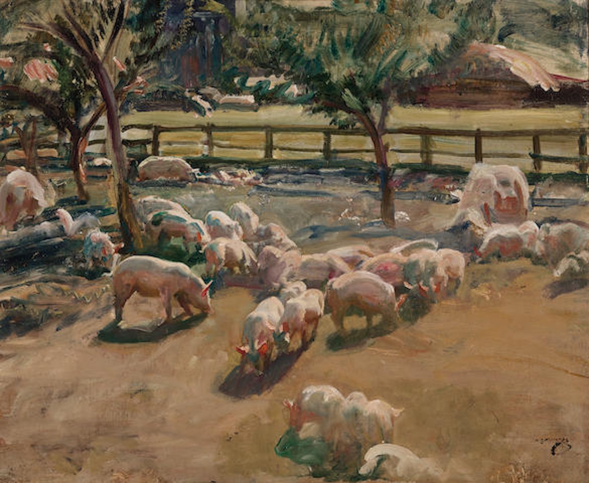 Pigs in a farm yard by Alfred James Munnings