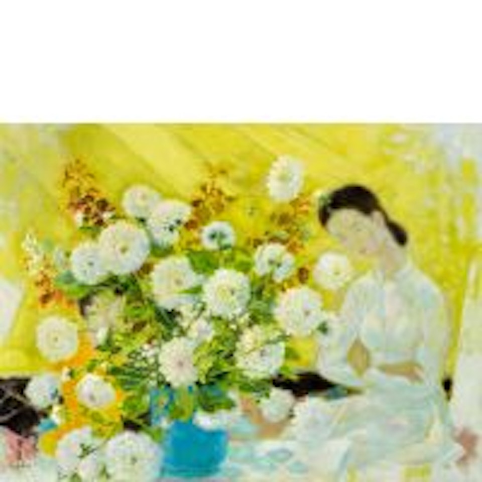 Woman and child with bouquet by Le Pho