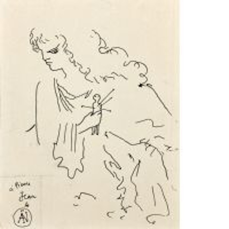 Woman with voodoo doll and her dog, illustration for Aïno by Pierre Benoît by Jean Cocteau