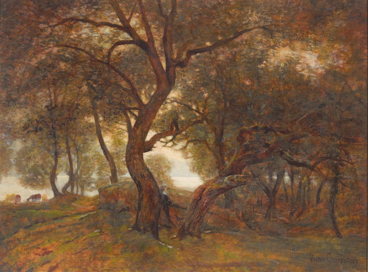 A view of trees, lake, and cows in a wooded setting by Victor Charreton