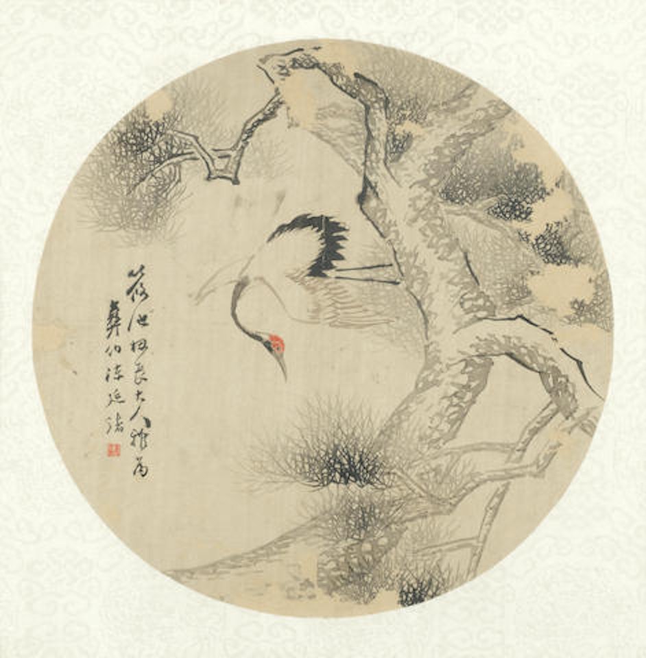 Monkeys seated on a rocky bank beneath pine; A cockerel on a riverbank amongst bamboo, flowering plants and rockwork; A crane amongst pine; and A group of ladies gathered at leisure in a garden pavilion; and A further painting depicting a study of chrysanthemums by Chinese School