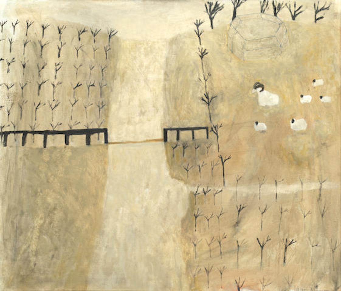 Sheep, trees and fence by Mary Newcomb