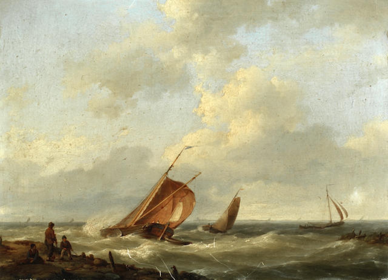 Ships off a coast by Jan Hermanus Koekkoek