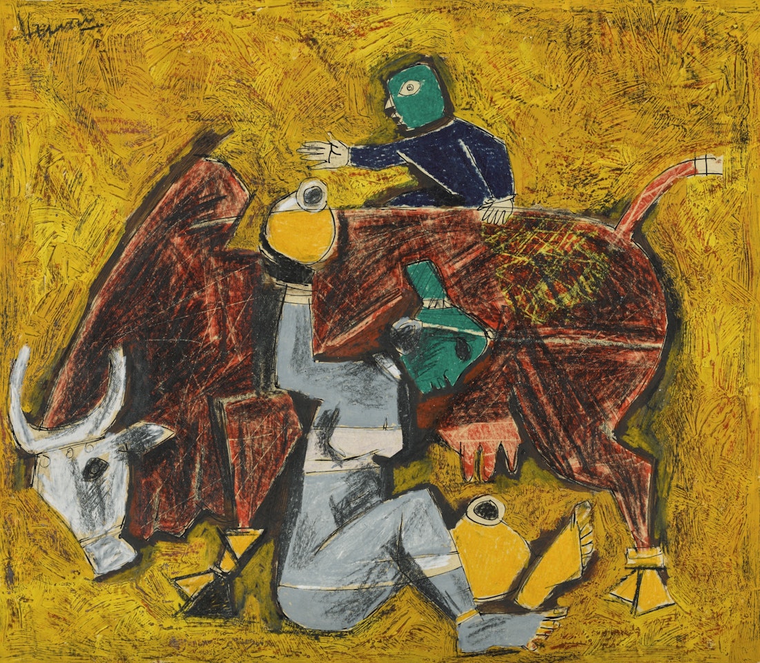 MILKING THE COW by M.F. Husain