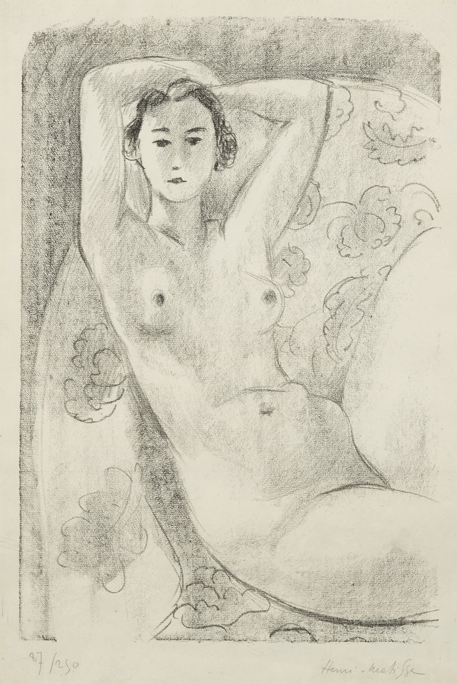 NU ASSIS DANS UN FAUTEUIL AU DÉCOR FLEURI (DUTHUIT 445) by Henri Matisse