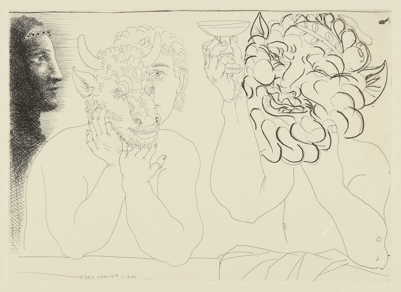 JEUNE HOMME AU MASQUE DE TAUREAU, FAUNE ET PROFIL DE FEMME (B. 279; BA. 422) by Pablo Picasso