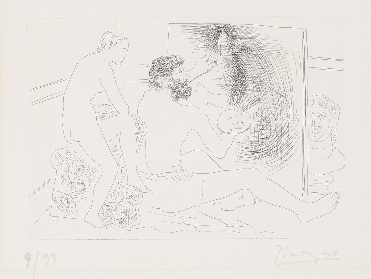 PEINTRE AU TRAVAIL OBSERVÉ PAR UN MODÈLE NU (B. 89; BA.130) by Pablo Picasso