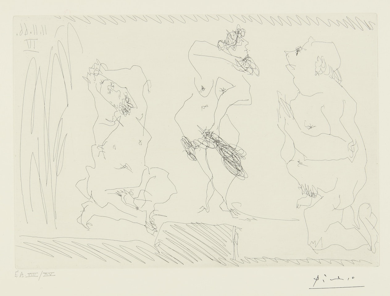 SCÈNE DE THÉÂTRE: DANSEUSE ET DEUX VIEILLARDS (B. 1410; BA. 1425) by Pablo Picasso