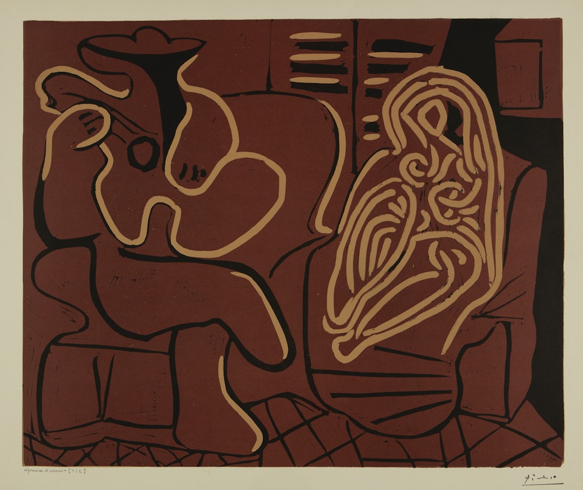 L'AUBADE, AVEC FEMME DANS UN FAUTEUIL (FEMME DANS UN FAUTEUIL ET GUITARISTE): TWO PRINTS (B. 917; BA. 1232) by Pablo Picasso