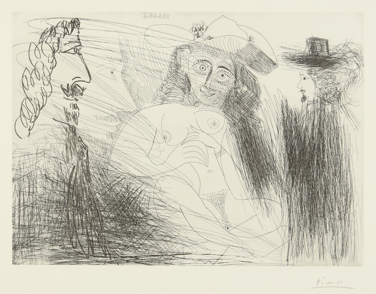 PEINTRE, MODÈLE AU CHAPEAU DE PAILLE, ET GENTILHOMME (B. 1773; BA. 1790) by Pablo Picasso