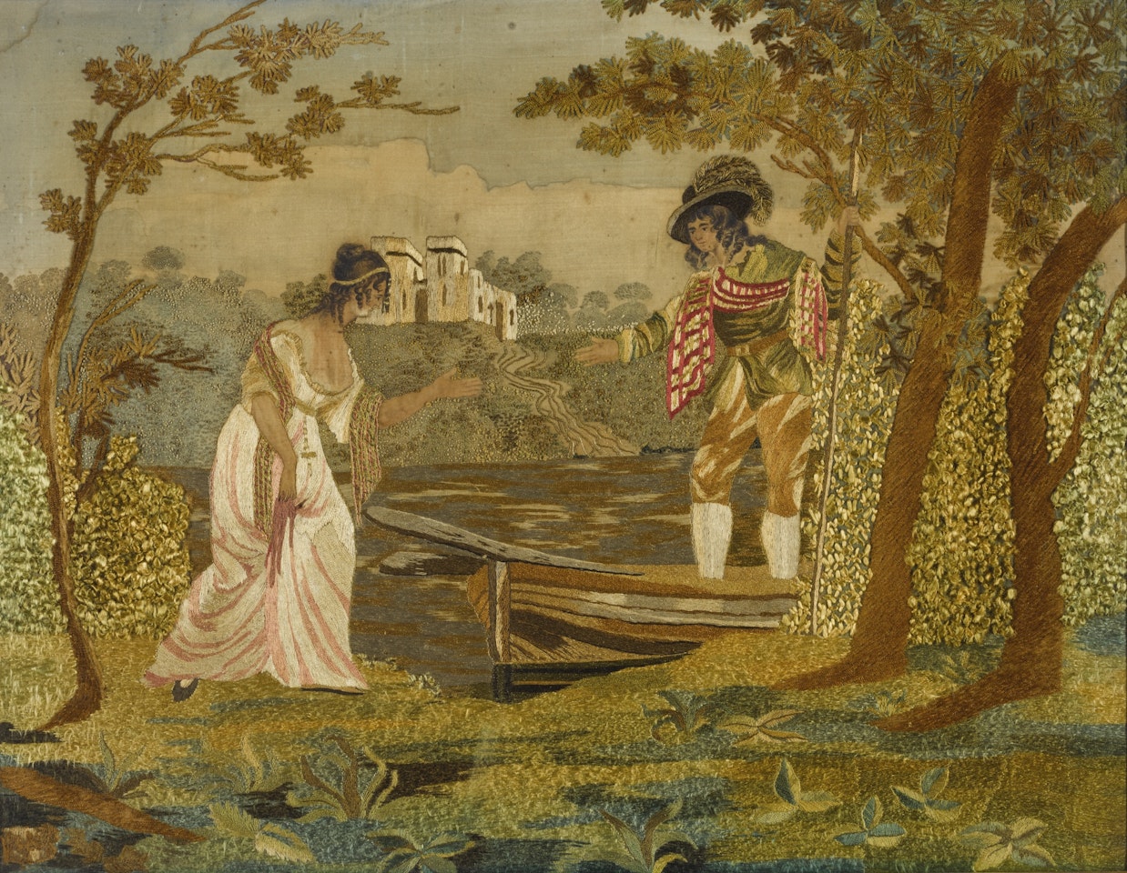 SILKWORK PICTURE OF A YOUNG LADY EMBARKING A ROWING BOAT by English School