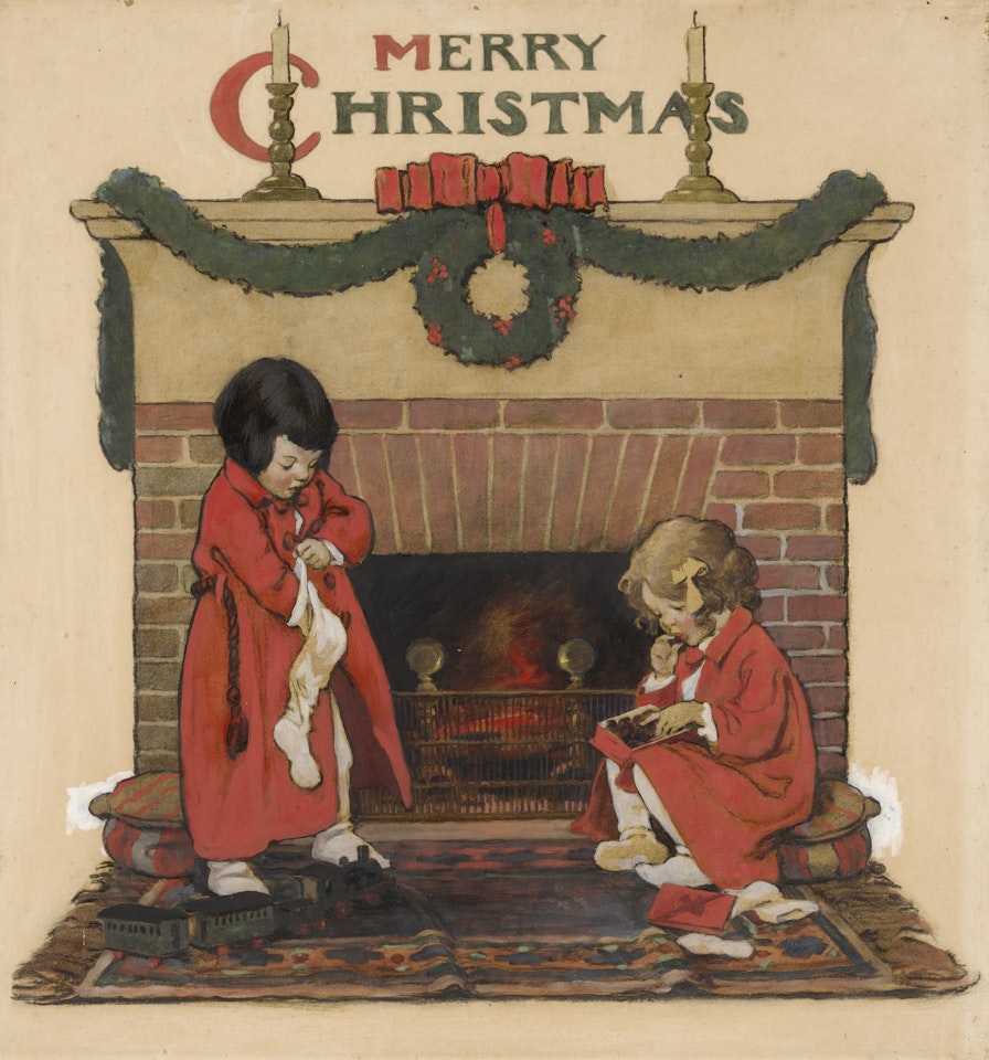 MERRY CHRISTMAS: TWO CHILDREN BEFORE THE FIREPLACE by Jessie Willcox Smith