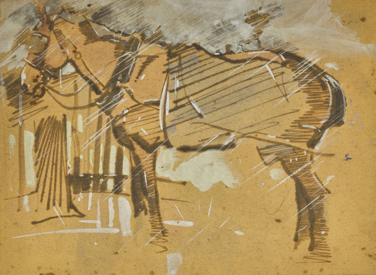 HARNESSED HORSE STANDING IN RAIN by Joseph Crawhall