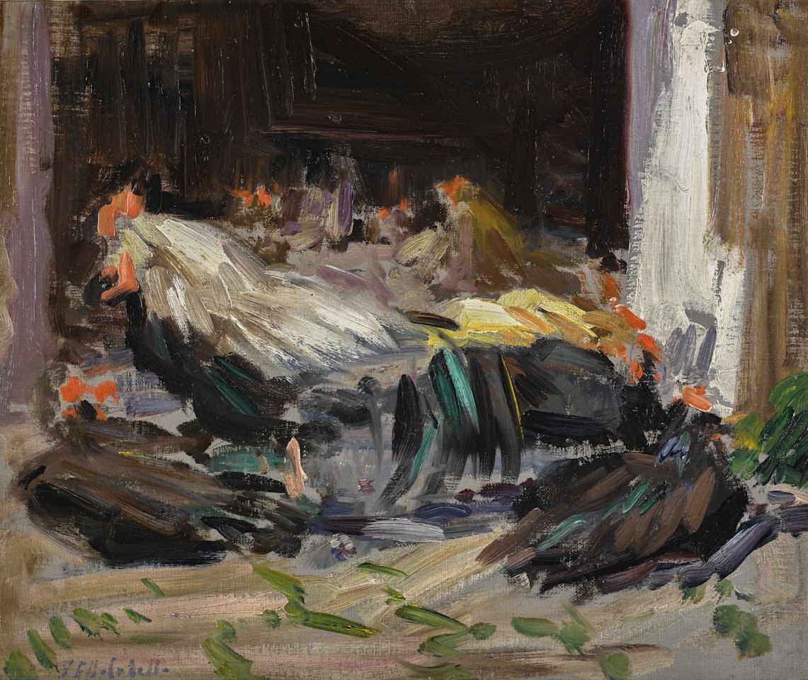 COCKEREL AND HENS IN A BARN by Francis Campbell Boileau Cadell