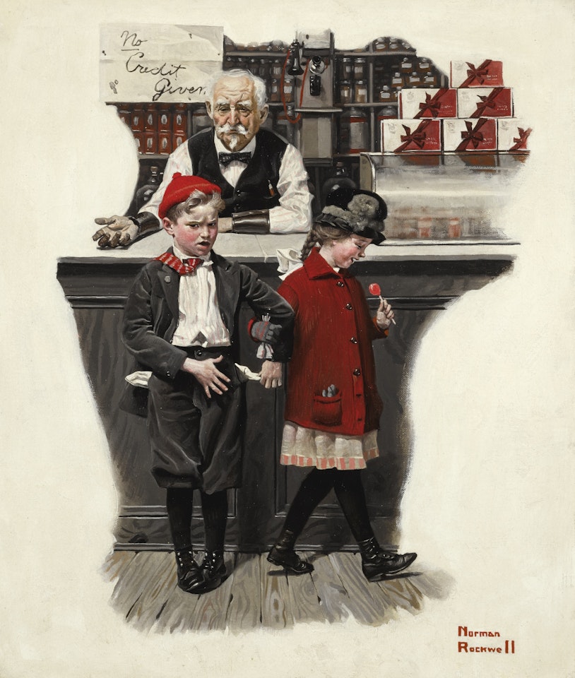 NO CREDIT GIVEN (BOY AND SHOPKEEPER) by Norman Rockwell